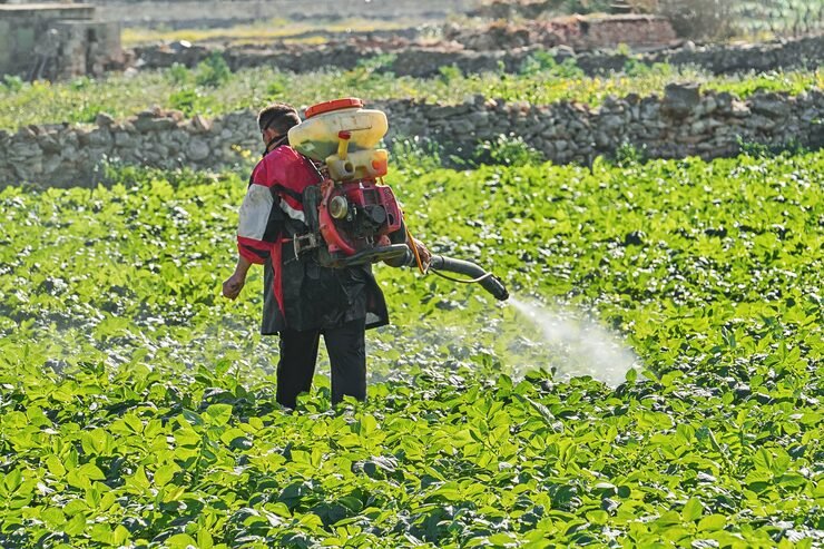 farmer with manual electric fogger machine spraying pesticides herbicides 73661 1004