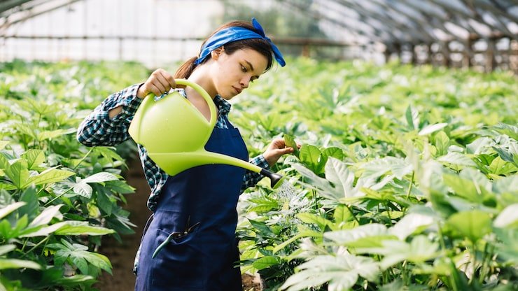 female gardener pouring water plants greenhouse 23 2147918774