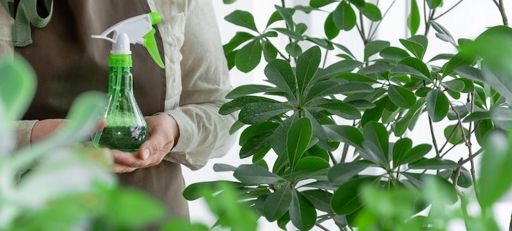 hand holding sprayer dispenser with water near houseplant take care plants concept 159341 2599