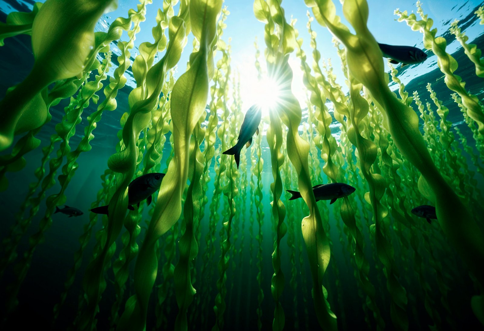 underwater kelp forest with sunlight fish